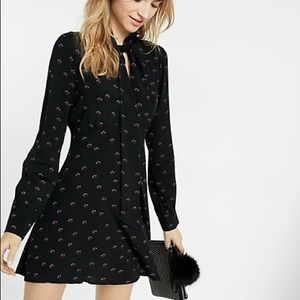 Express Micro Floral Tie Neck Long Sleeve Dress